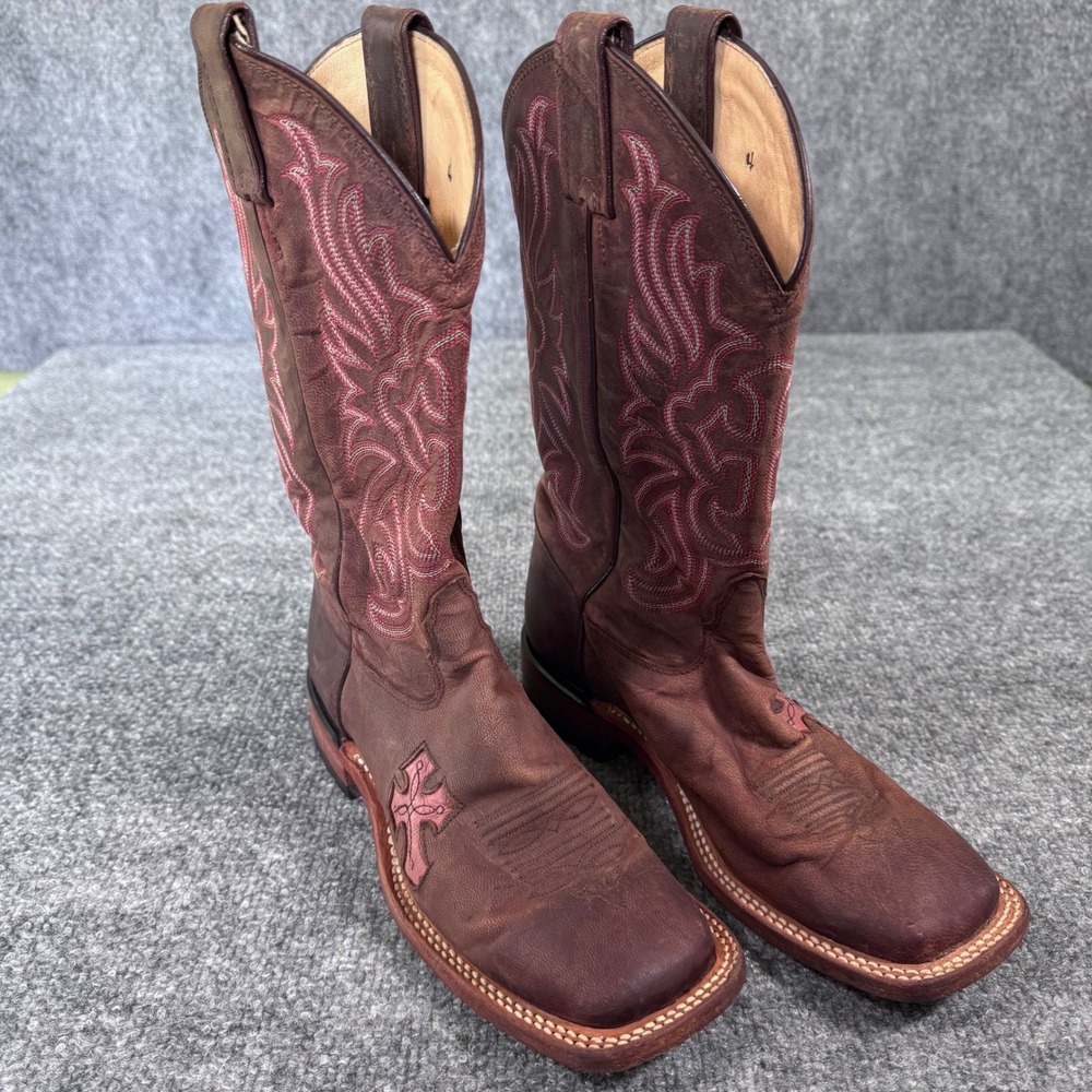 TONY LAMA Womans Western Cowboy Boots Size 7B TC1005L USA Brown Pink Square Toe